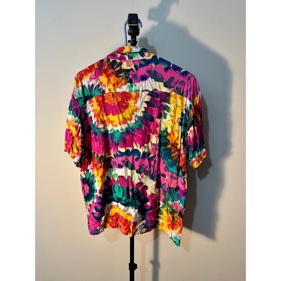 Rainbow Tye Dye Forever 21 Men's XL Short Sleeve Button-Up - Picture 3 of 3